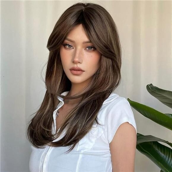 Wigs for Women Layered Synthetic Hair Wig with Highlight - Brown with highlights main image 6
